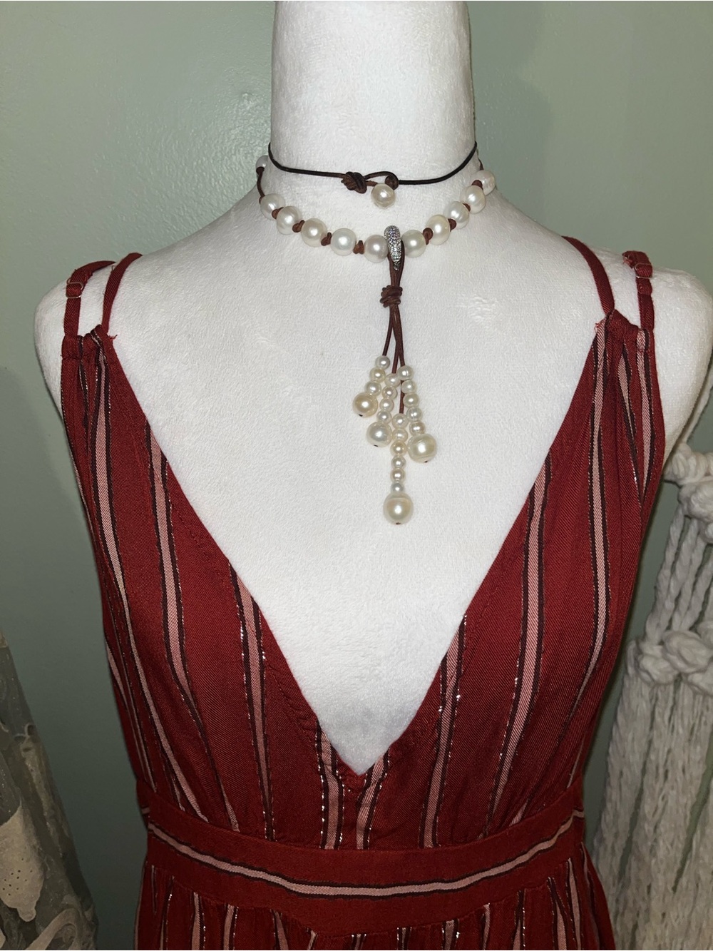 Adjustable Straps V-Neck Striped Maxi Dress in Deep Burgundy - Picture 3 of 12